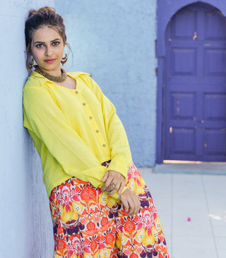 Yellow Jute Shirt & Printed Cotton Skirt