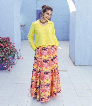 Yellow Jute Shirt & Printed Cotton Skirt