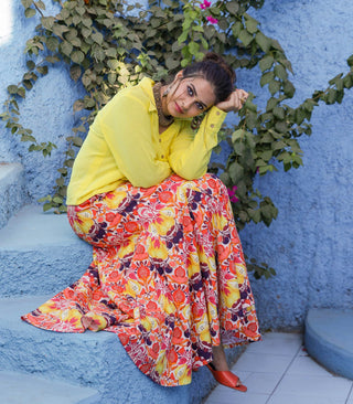 Yellow Jute Shirt & Printed Cotton Skirt