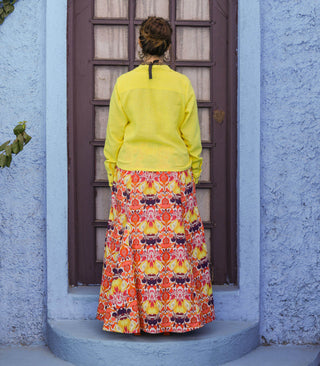 Yellow Jute Shirt & Printed Cotton Skirt