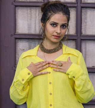 Yellow Jute Shirt & Printed Cotton Skirt