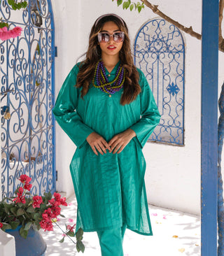 Teal Cotton Long Kurta