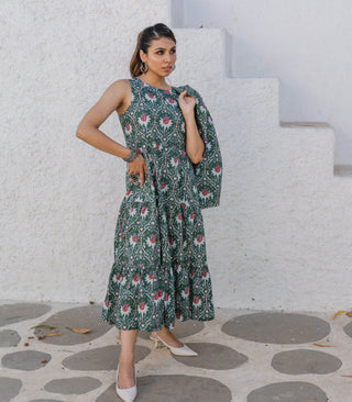 Green Short Jacket And Sleeveless Dress