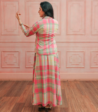 Pink & mint green Madras Cotton ckecks Jacket & Skirt