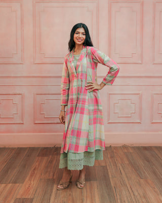 Pink and Mint Green Madras Cotton Long Jacket and Dress set.