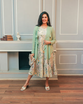 Pista Green Jute Jacket & Sleevless Dress Set