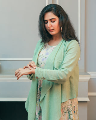 Pista Green Jute Jacket & Sleevless Dress Set