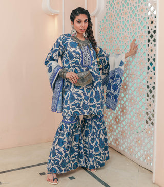 Blue Flower Print Cotton Garara Set