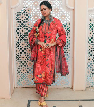 Red Flower Print Co-ord Set with Dupatta