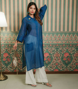 Blue Chanderi Kurta with Embroidered Detail on Collar