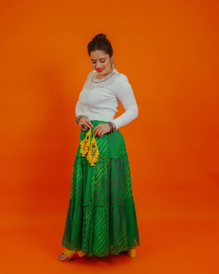 Green Chiffon Leheriya Skirt