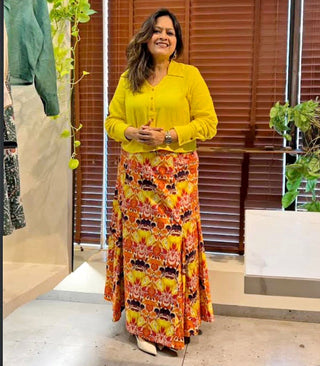 Yellow Jute Shirt & Printed Cotton Skirt