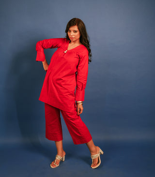 RED LAWN SHORT KURTA AND CHIKANKARI PANTS