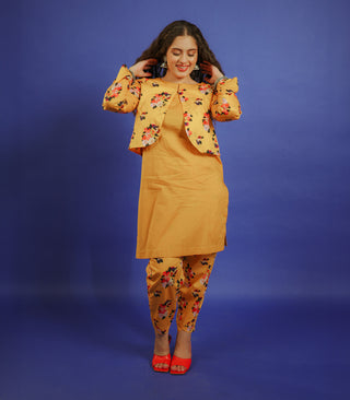 SAFFRON YELLOW CO ORD SET WITH PRINTED JACKET & BOTTOM