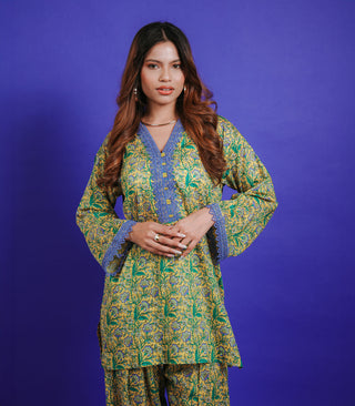 Lime Yellow PRINTED SHORT KURTA SET