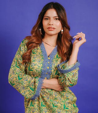 Lime Yellow PRINTED SHORT KURTA SET