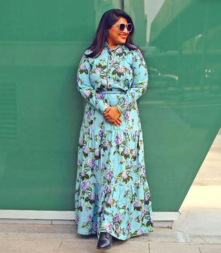 Blue Floral Skirt Set with Shirt