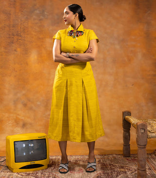 Mustard Yellow Box Pleat Skirt & Shirt Set