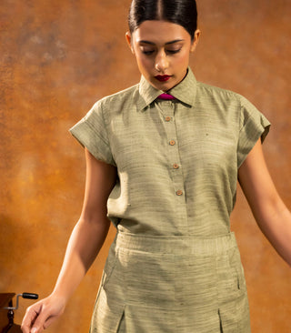 Olive Green Box Pleat Skirt & Shirt